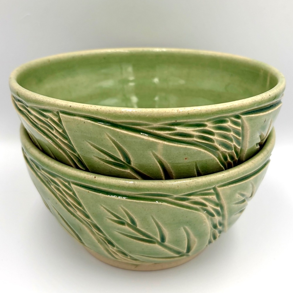 Set of 2 Handmade Studio Art Pottery Green Leaf Ceramic Bowl Swirl Signed